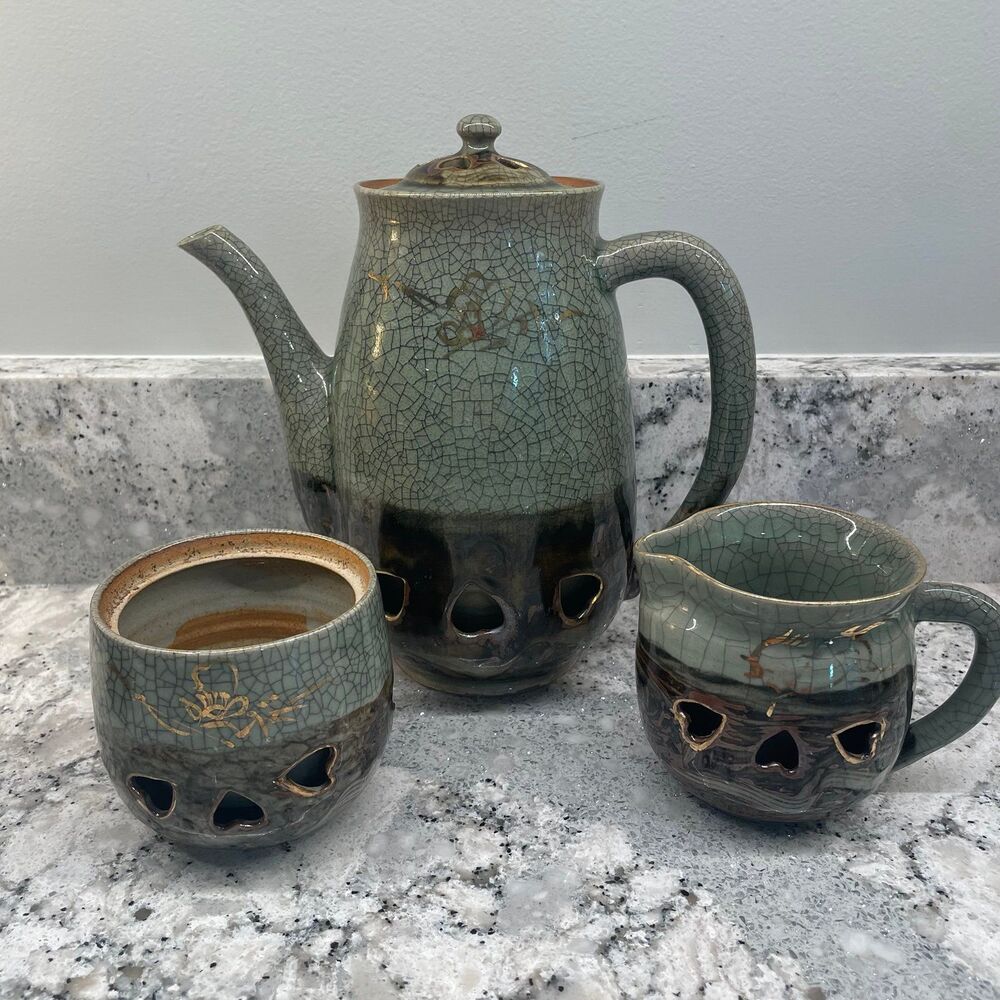 Vintage Somayaki Soma Ware Crackle Teapot Cream Sugar Double Wall Gold Horse